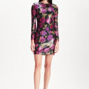 VESTIDO CURTO MANGA LONGA PAETE ESTAMPA FLORAL PRETA E ROSA