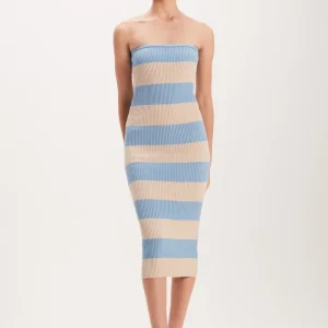 VESTIDO TRICOT TOMARA QUE CAIA AZUL E OFF WHITE