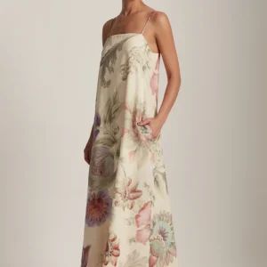 VESTIDO LINHO LONGO ALÇA FLORAL OFF WHITE