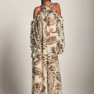 VESTIDO LONGO AMPLO GGT BABADOS ESTAMPA PAISLEY VERDE E MARROM
