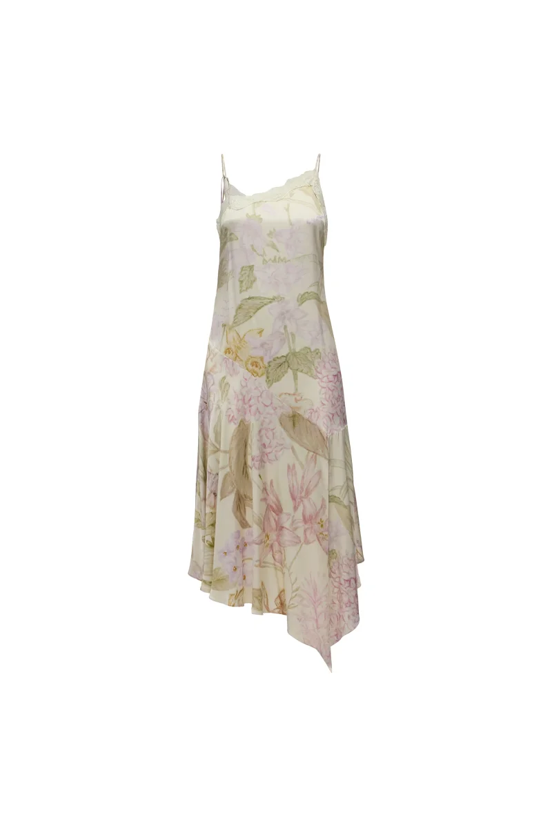 VESTIDO ALÇA PONTAS ASSIMÉTRICAS CETIM E RENDA ESTAMPA FLORAL - Image 7