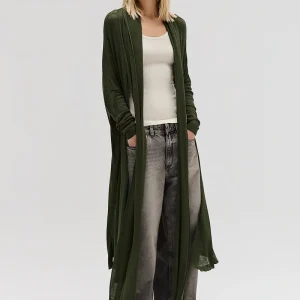 CASACO LONGO TRICOT FINO AMARRAÇÃO GOLA VERDE MILITAR