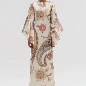 VESTIDO LONGO LINHO MANGA BABADOS PASLEY CLARO