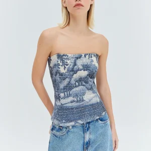 TOP CORSET TWEED ESTAMPA FLORESTA AZUL