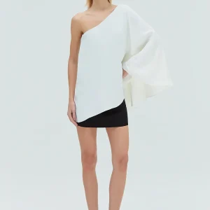VESTIDO CURTO UM OMBRO BICOLOR CREPE PATOU PRETO E OFF WHITE