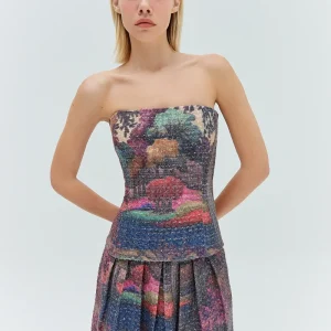 TOP CORSET TWEED ESTAMPA FLORESTA COLORIDA
