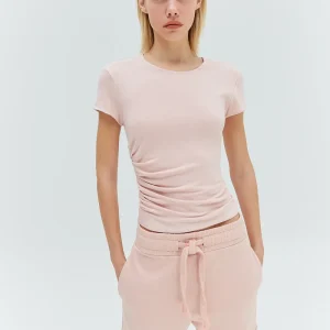 CAMISETA BABY LOOK DRAPEADA MALHA ROSA