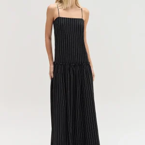 VESTIDO LONGO ALÇA LINHO MISTO RISCA DE GIZ PRETO