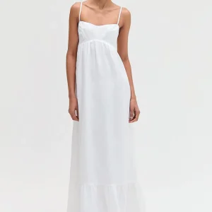 VESTIDO LONGO LINHO PEITO ESTRUTURADO RECORTES OFF WHITE