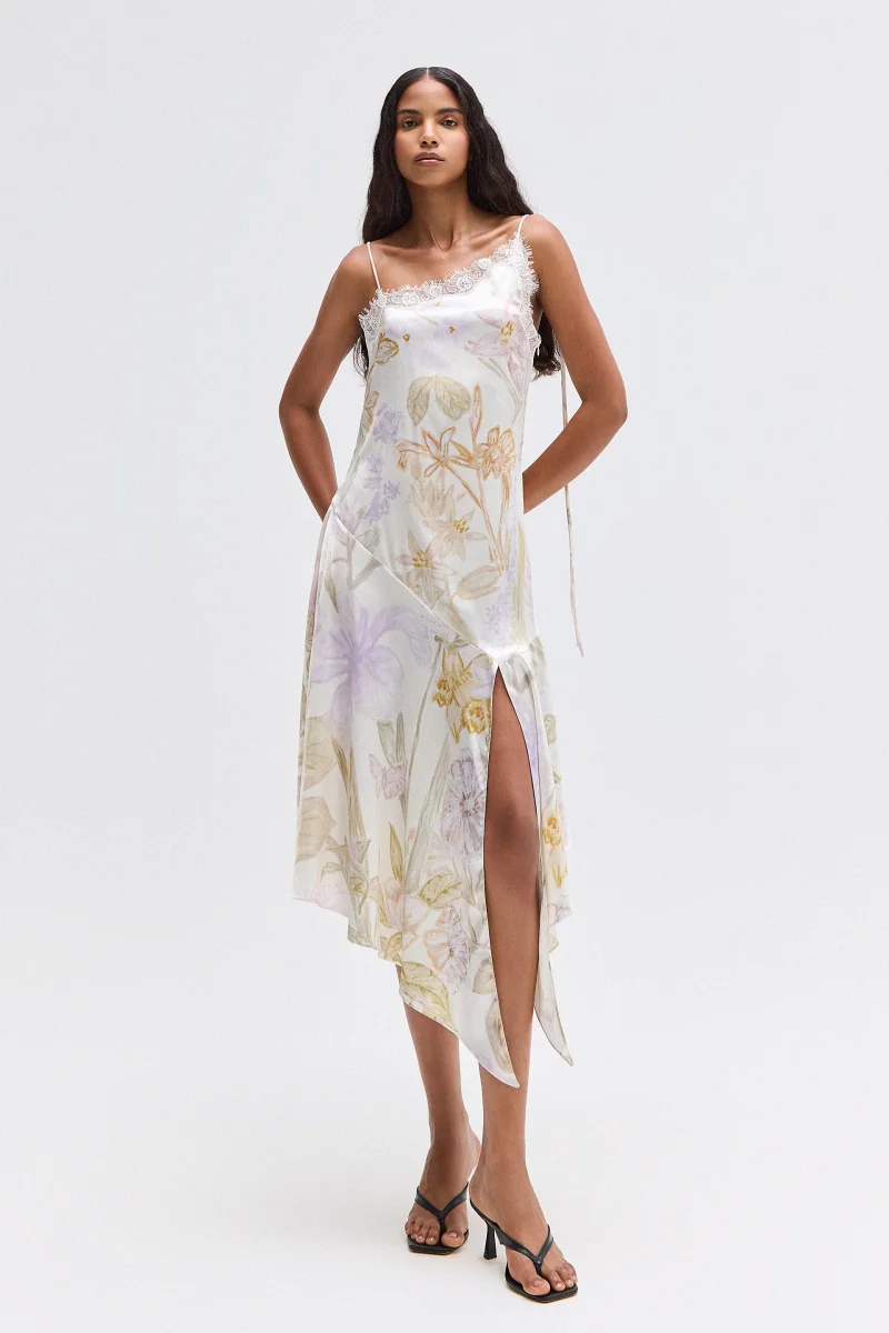 VESTIDO ALÇA PONTAS ASSIMÉTRICAS CETIM E RENDA ESTAMPA FLORAL - Image 2
