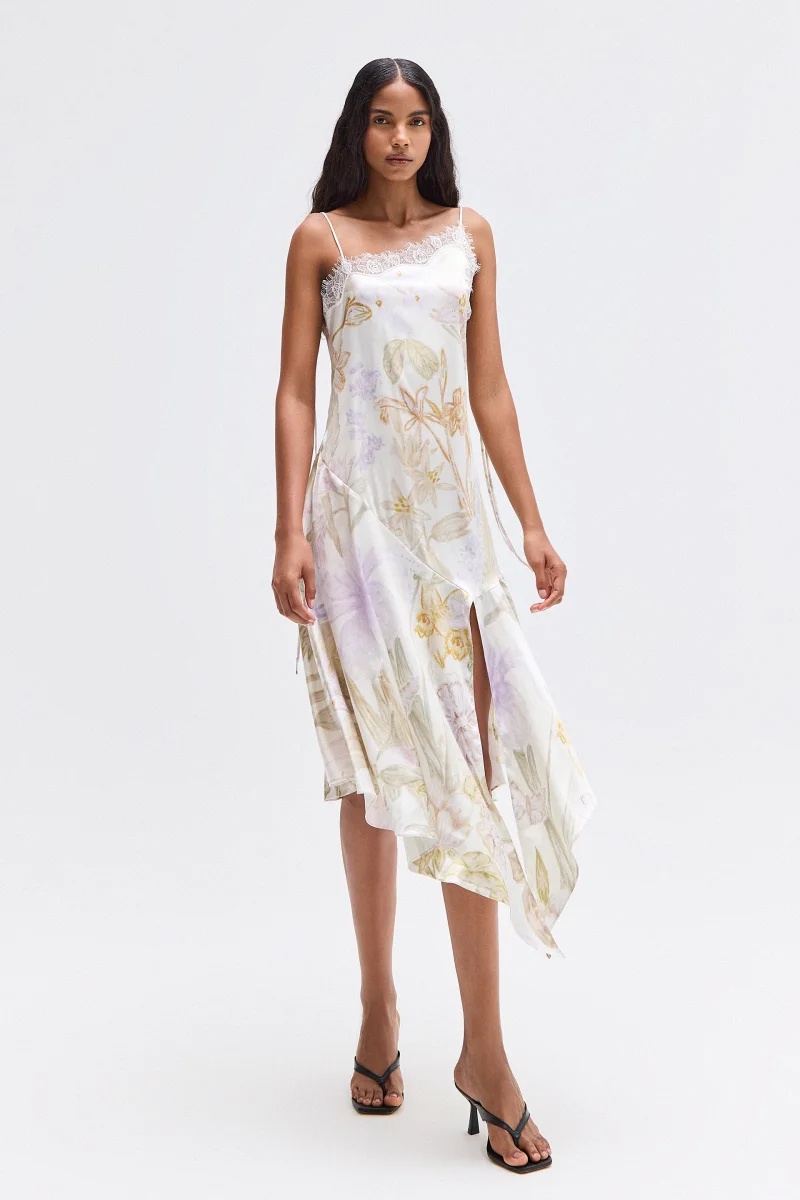 VESTIDO ALÇA PONTAS ASSIMÉTRICAS CETIM E RENDA ESTAMPA FLORAL - Image 4