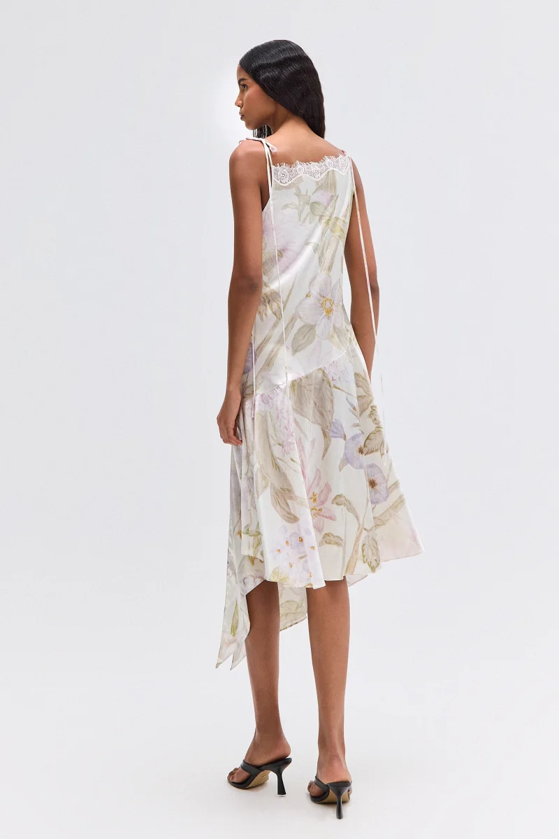 VESTIDO ALÇA PONTAS ASSIMÉTRICAS CETIM E RENDA ESTAMPA FLORAL - Image 3