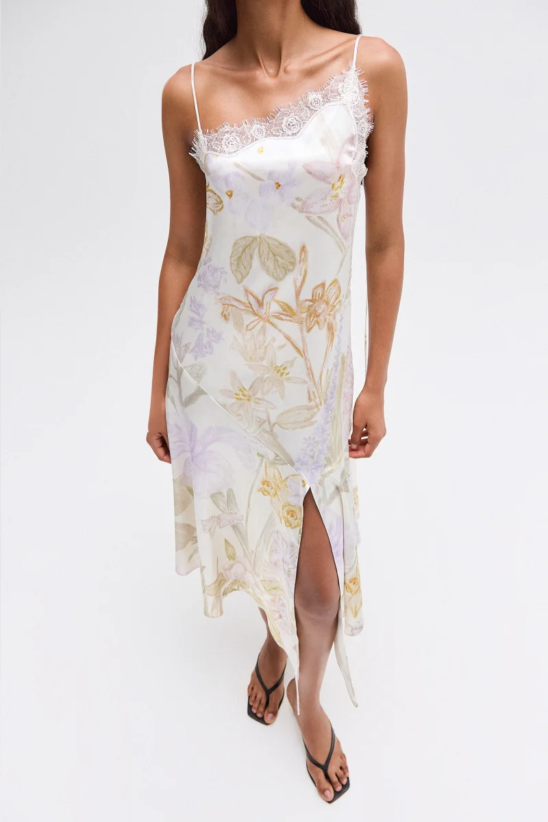 VESTIDO ALÇA PONTAS ASSIMÉTRICAS CETIM E RENDA ESTAMPA FLORAL - Image 5