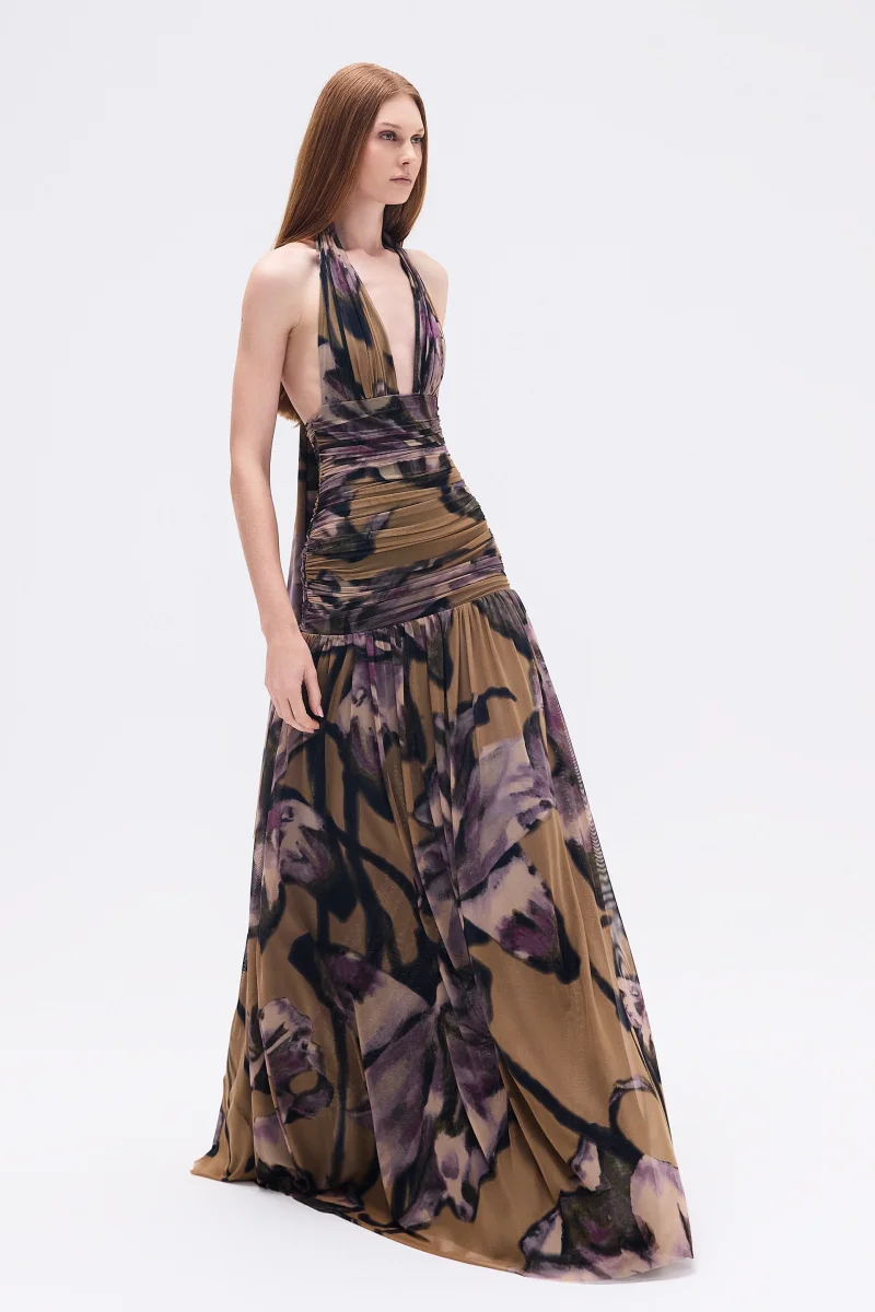 VESTIDO LONGO FRENTE ÚNICA DRAPEADO TULE FLORAL - Image 3