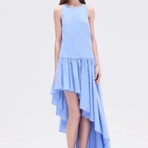 VESTIDO SAIA GODÊ ASSIMÉTRICA TRICOLINE LISTRAS AZUIS