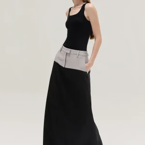 SAIA LONGA  BICOLOR CREPE PATOU PRETO E CINZA