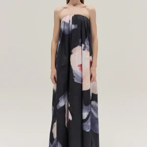 VESTIDO LONGO TOMARA QUE CAIA TRICOLINE FLORAL PIXEL AZUL