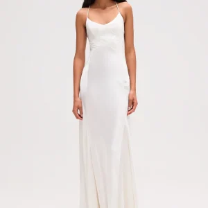 VESTIDO LONGO ALÇA RECORTES CETIM OFF WHITE