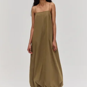 VESTIDO ALÇA LONGO BALONÊ TRICOLINE VERDE OLIVA