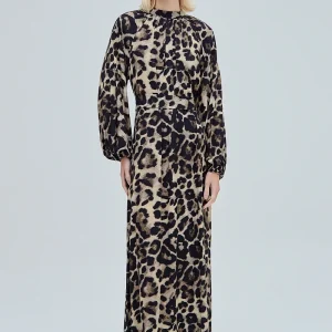 VESTIDO LONGO GOLA  MANGA LONGA CREPE ESTAMPA ONÇA
