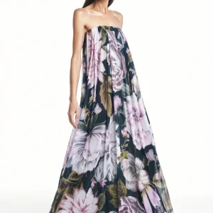 VESTIDO LONGO AMPLO TOMARA QUE CAIA TULE FLORAL PRETO