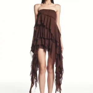 VESTIDO PALA DRAPEADA BABADOS ASSIMÉTRICOS ALGODÃO MARROM