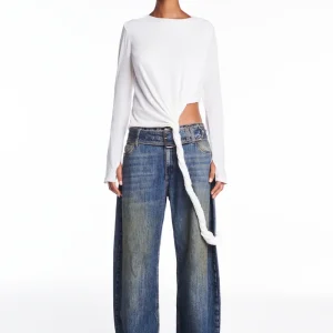 CALÇA JEANS AMARELADA PERNA LARGA CINTO CINTURA